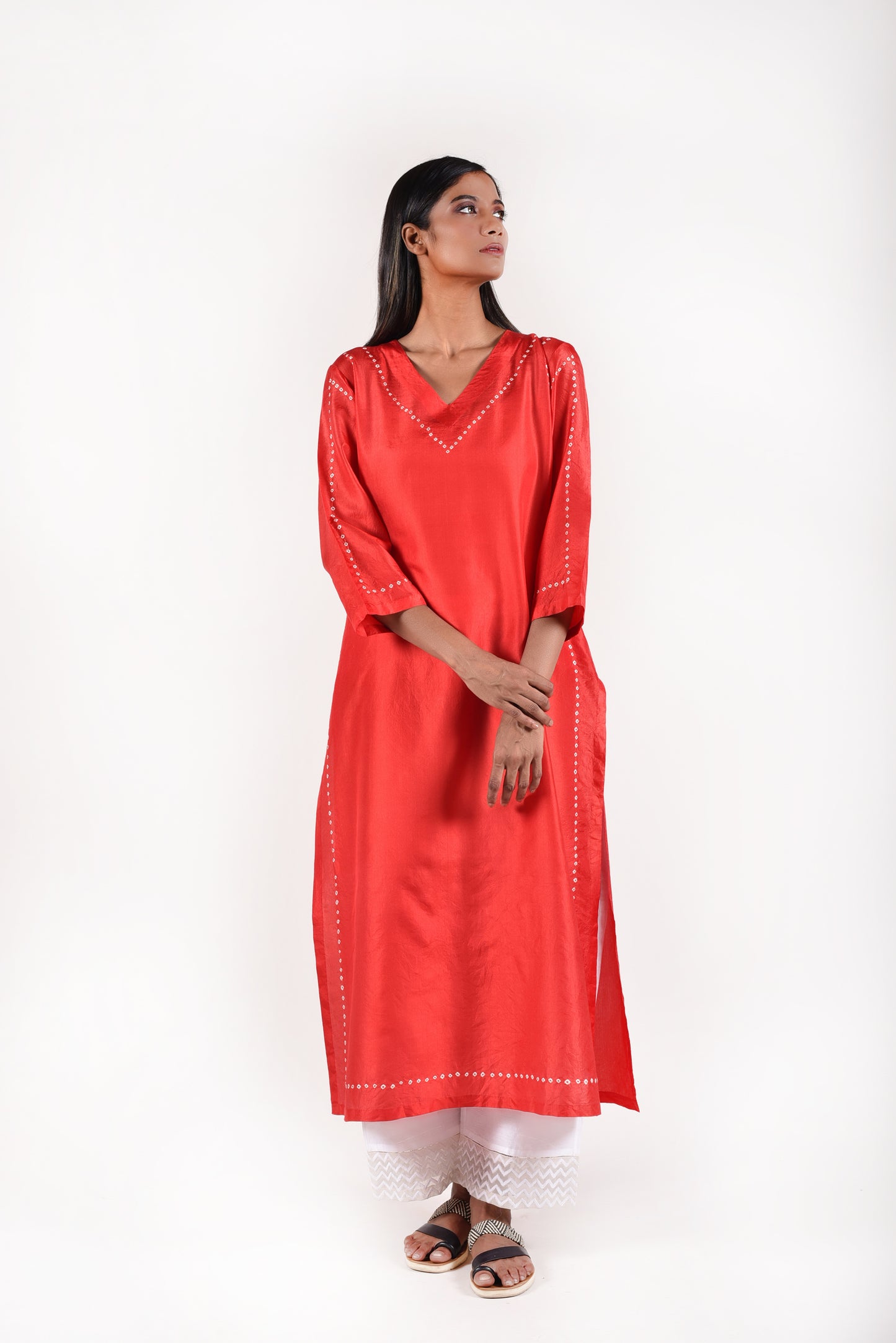 Red Bandhani Kurta in Pure Silk