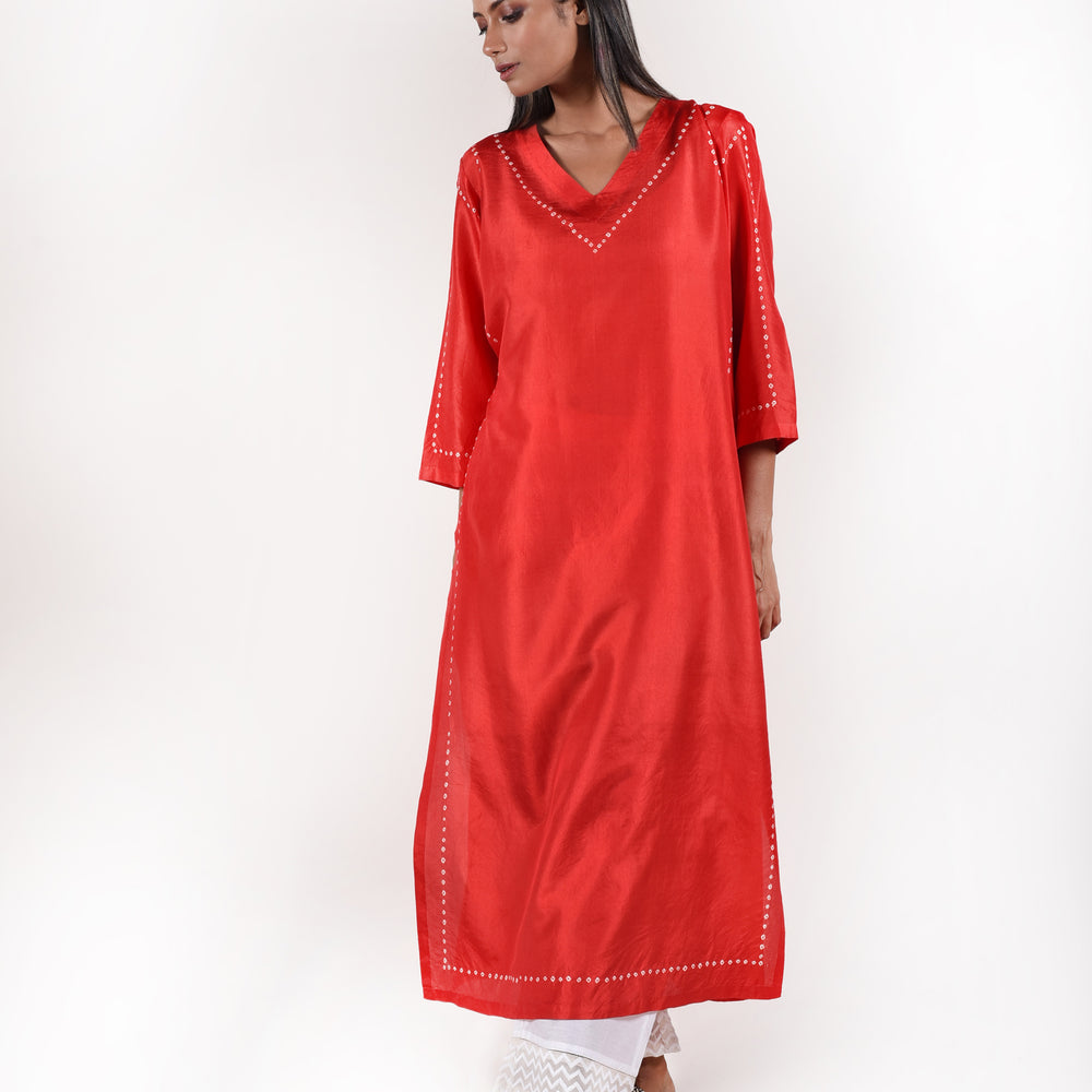 
                      
                        Red Bandhani Kurta in Pure Silk
                      
                    