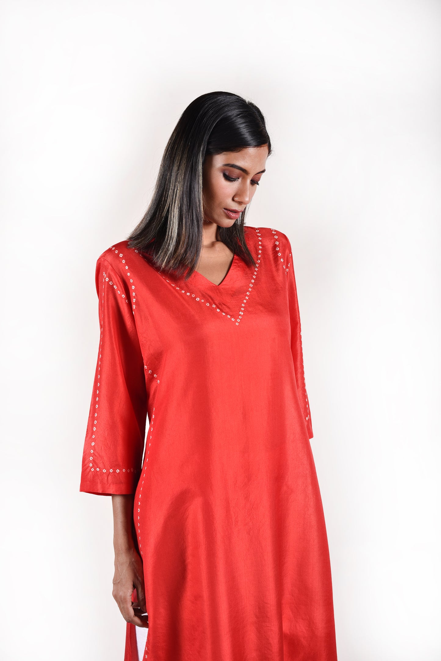 Red Bandhani Kurta in Pure Silk