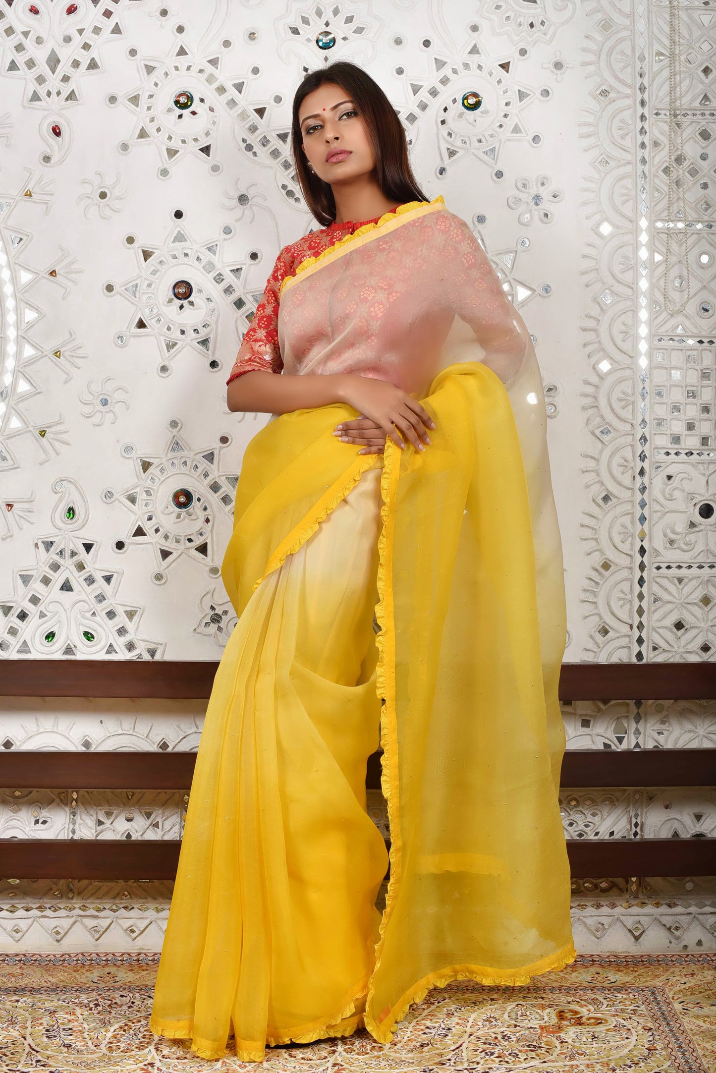 Shaded Organza Saree with Bandhani Blouse - Yellow White