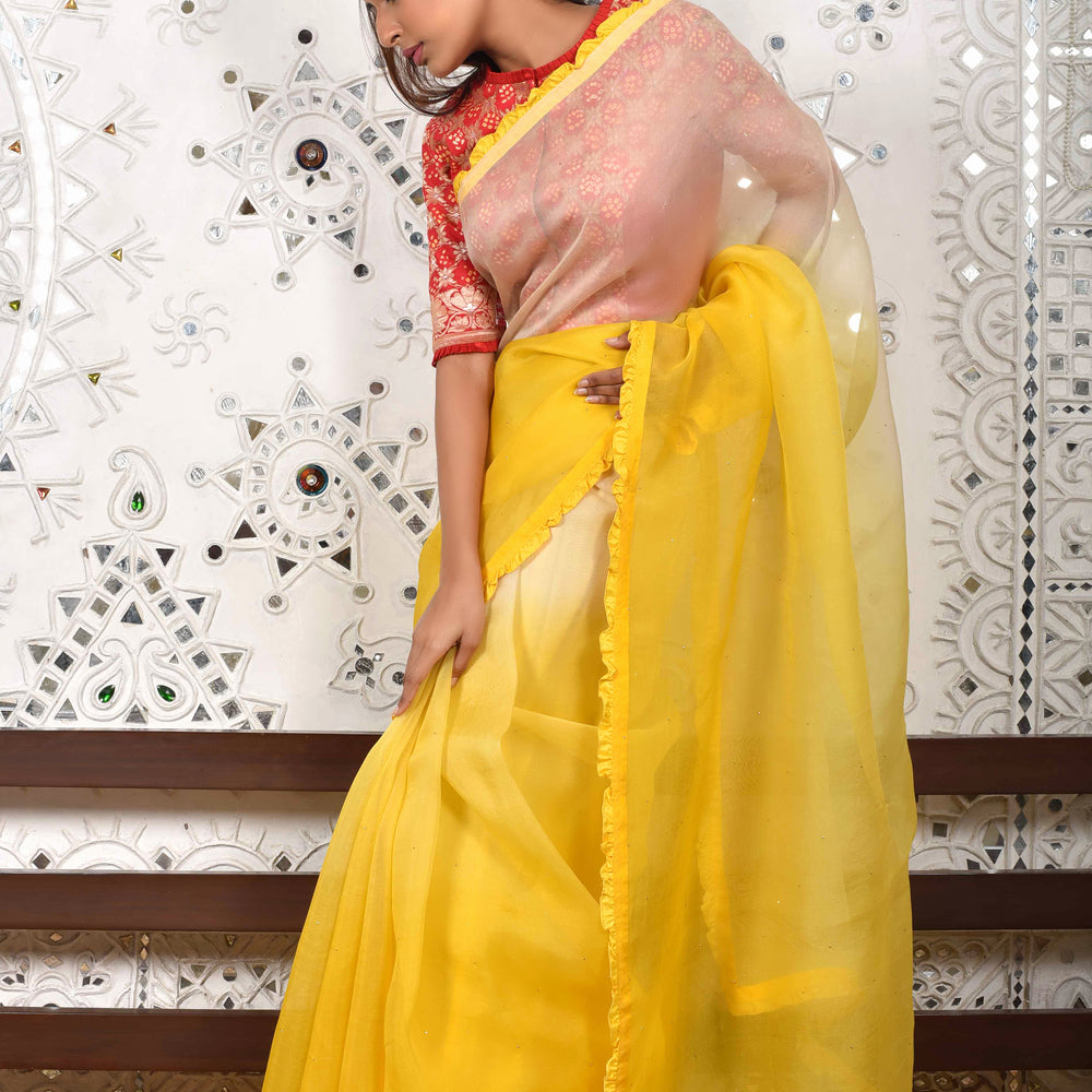 Shaded Organza Saree with Bandhani Blouse - Yellow White