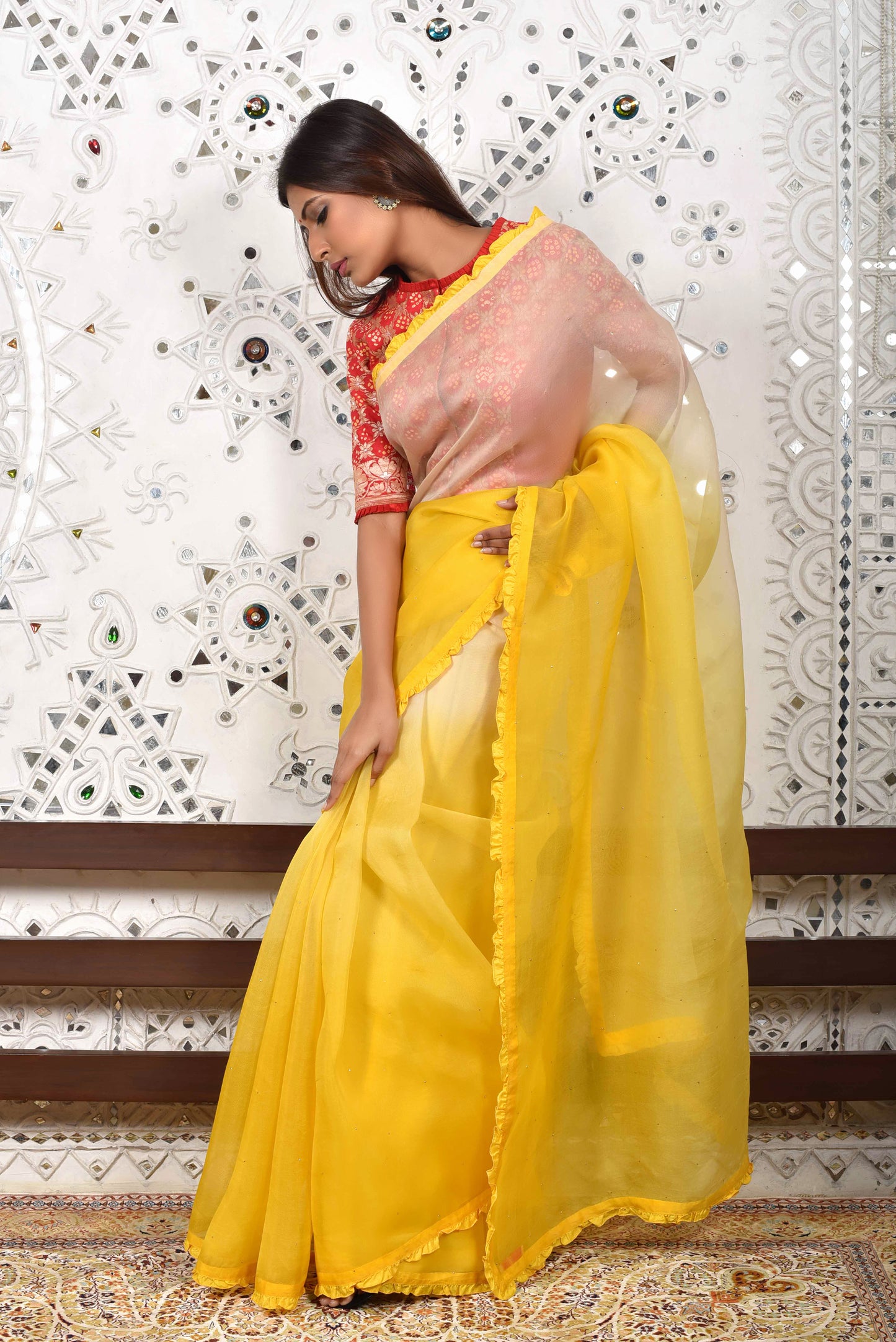 Shaded Organza Saree with Bandhani Blouse - Yellow White