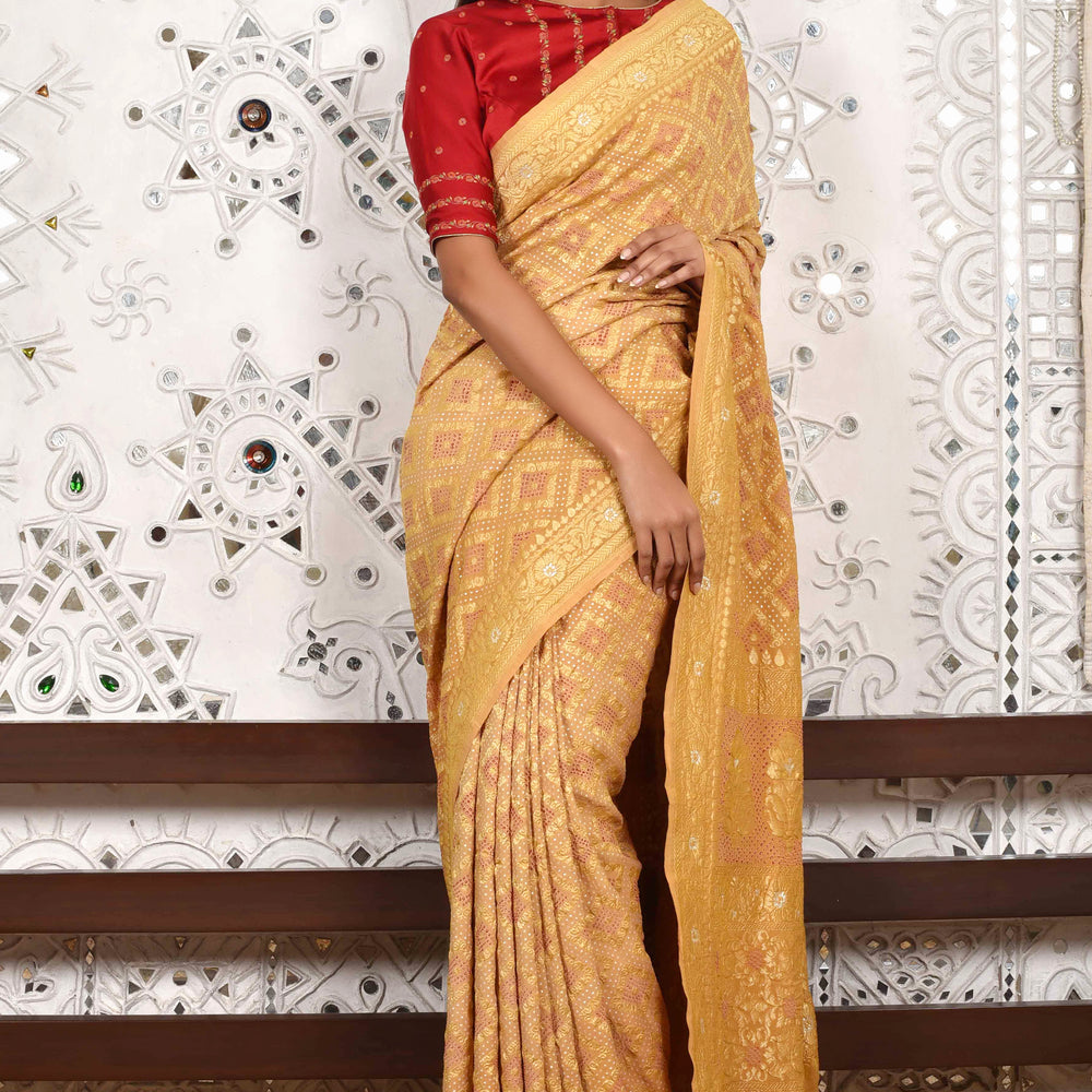 
                      
                        Cream Banarasi Bandhani Saree
                      
                    