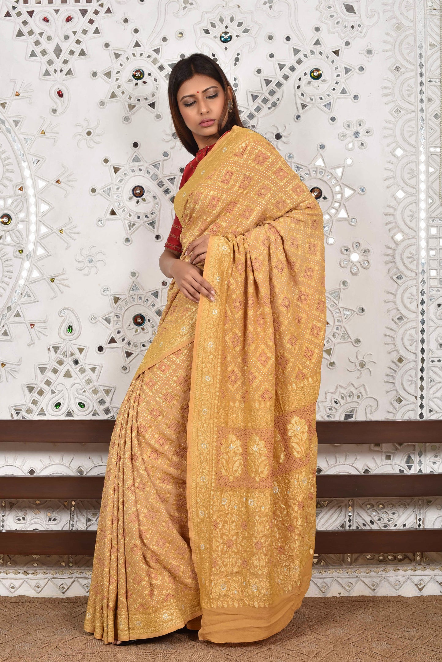 Cream Banarasi Bandhani Saree