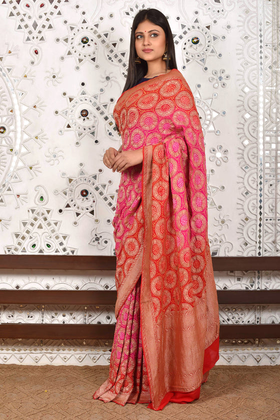 Circular Woven Banarasi Bandhani Saree - Hot Pink + Red