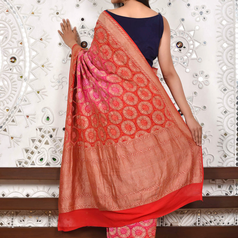 
                      
                        Circular Woven Banarasi Bandhani Saree - Hot Pink + Red
                      
                    