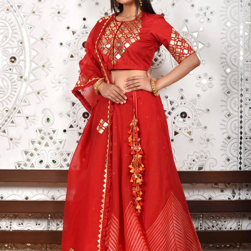 Red Arashi Organza Lehenga with Gota Patti