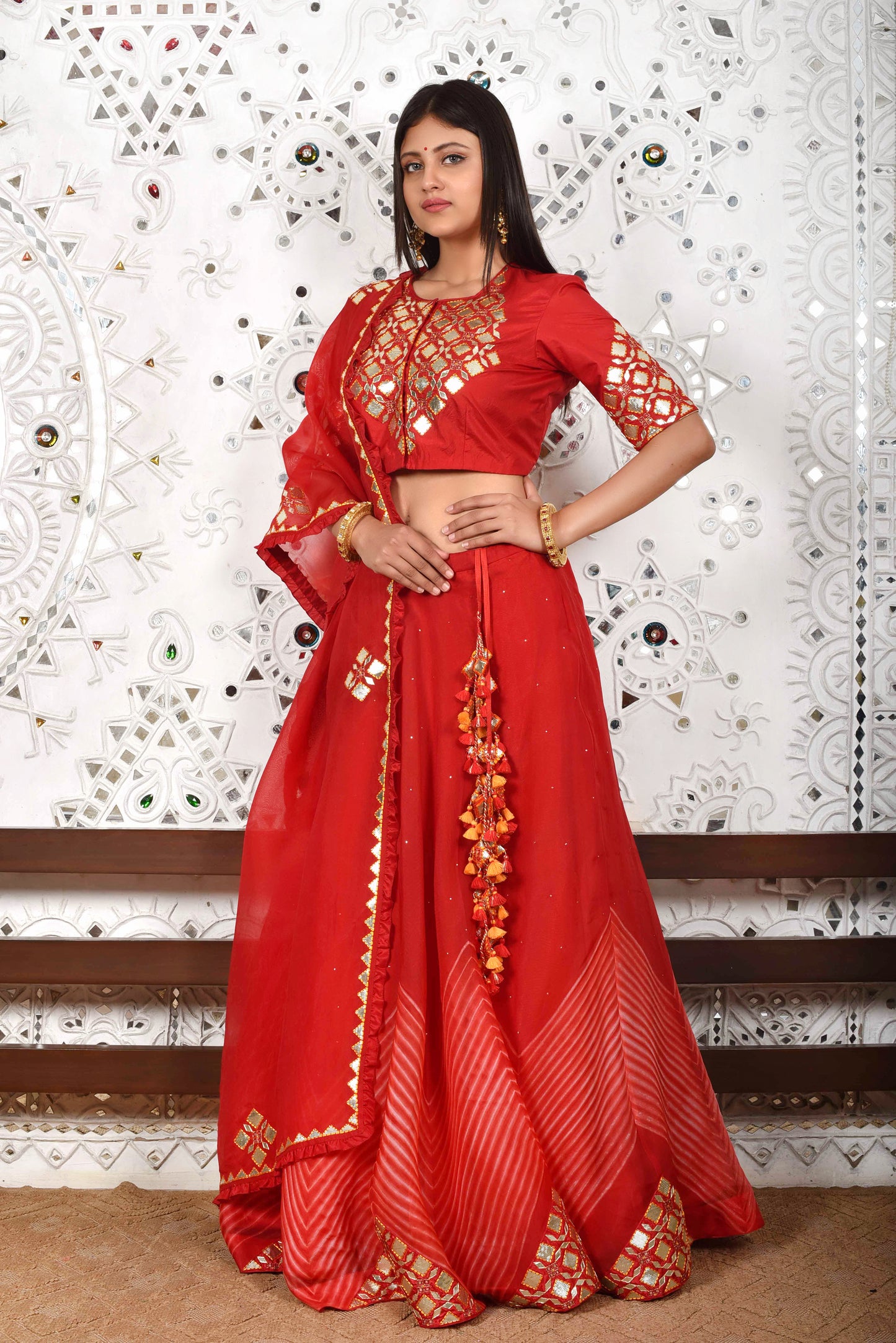 Red Arashi Organza Lehenga with Gota Patti