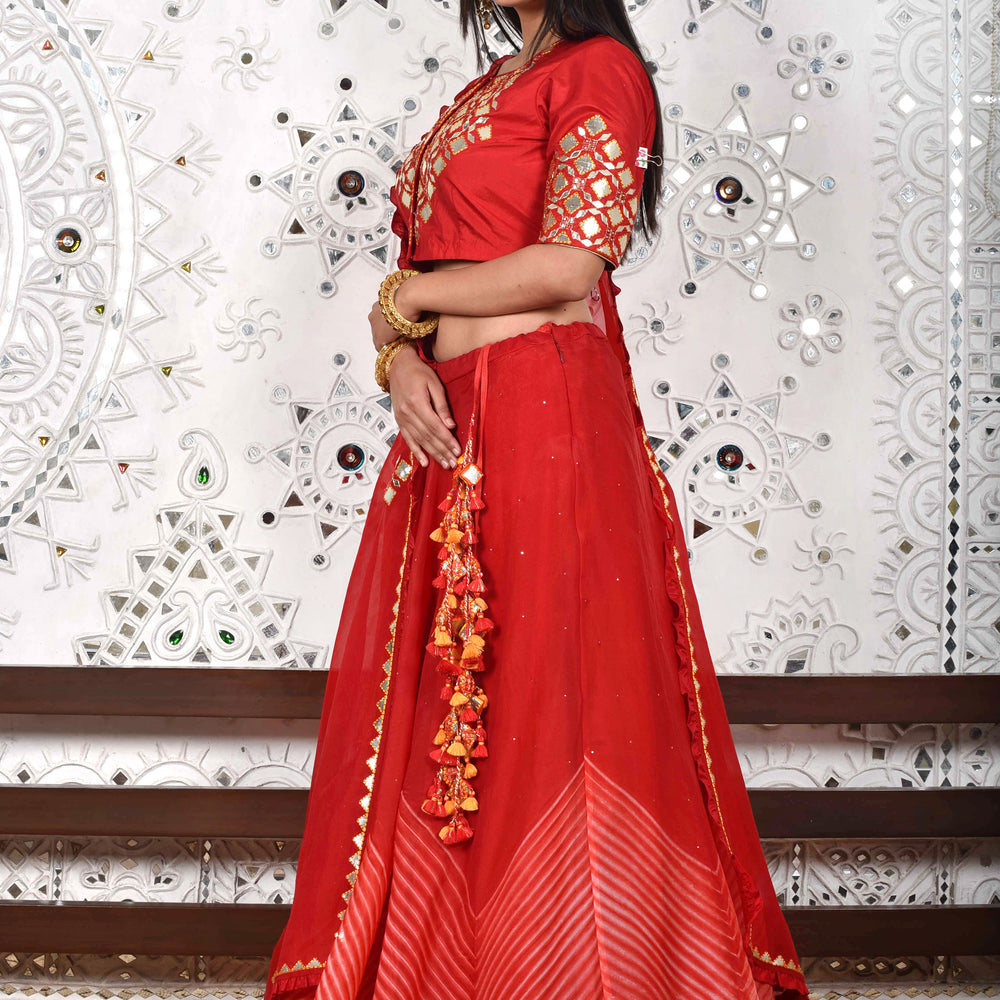 
                      
                        Red Arashi Organza Lehenga with Gota Patti
                      
                    