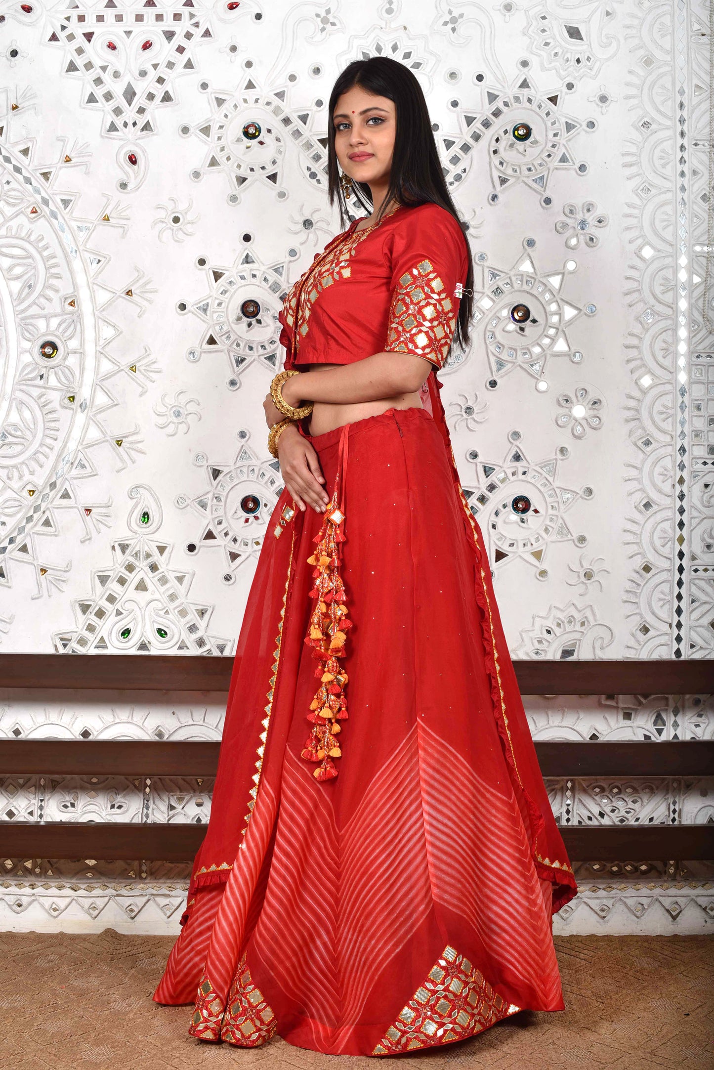 Red Arashi Organza Lehenga with Gota Patti