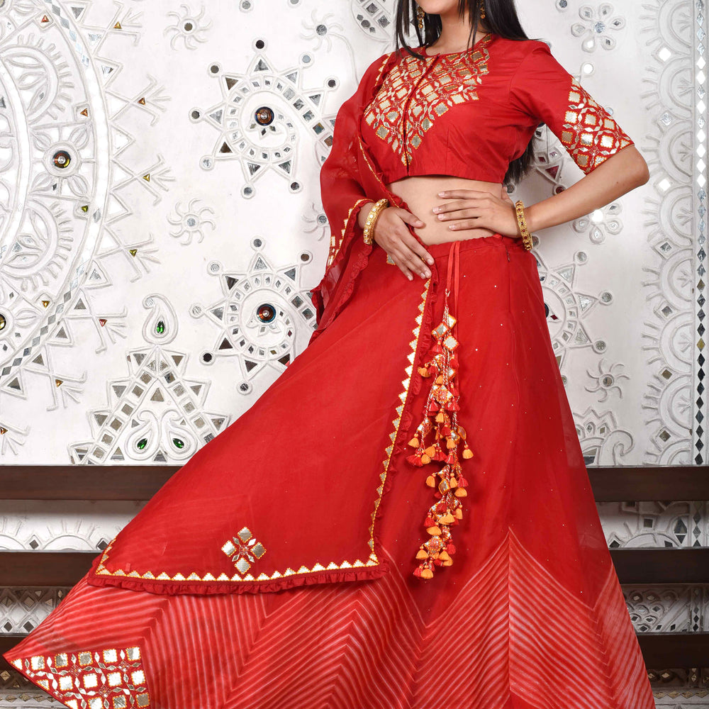 
                      
                        Red Arashi Organza Lehenga with Gota Patti
                      
                    