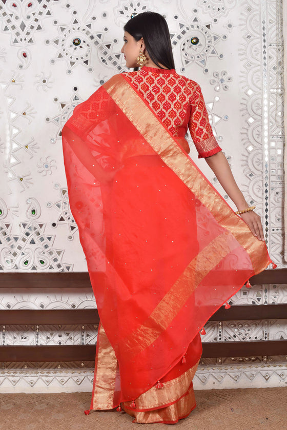 Buy Orange Zari Work Raw Silk Saree - Koskii