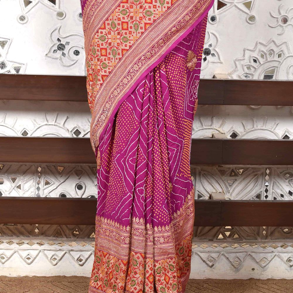 
                      
                        Broad Border Meenakari Banarasi Bandhani Saree - Purple
                      
                    