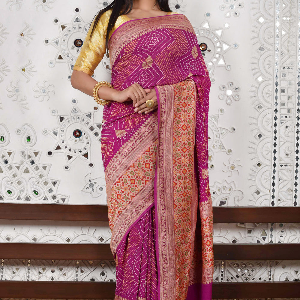 Broad Border Meenakari Banarasi Bandhani Saree - Purple