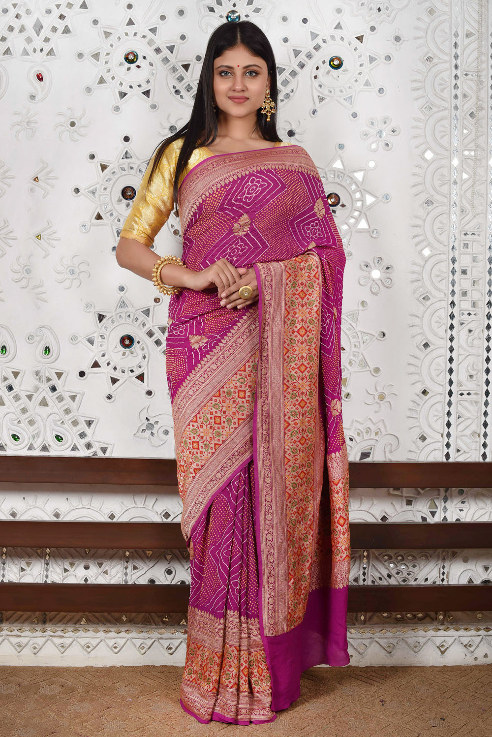 Broad Border Meenakari Banarasi Bandhani Saree - Purple