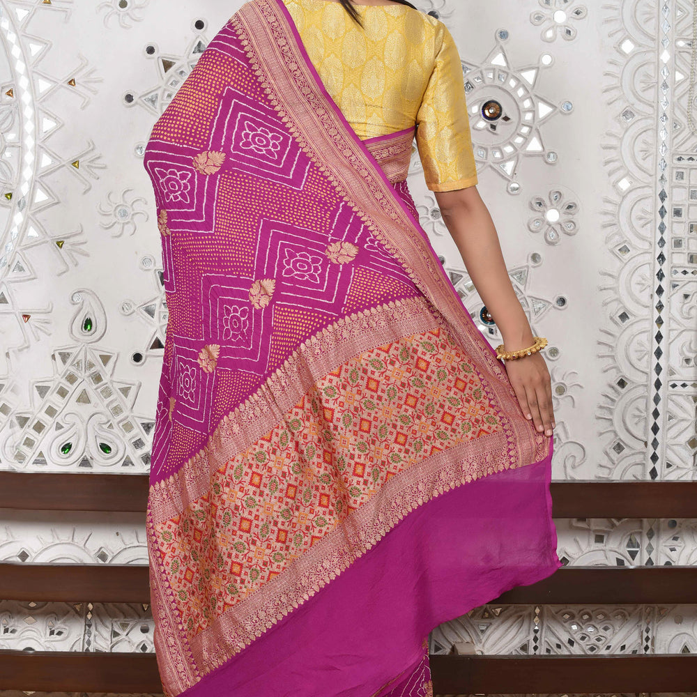 
                      
                        Broad Border Meenakari Banarasi Bandhani Saree - Purple
                      
                    