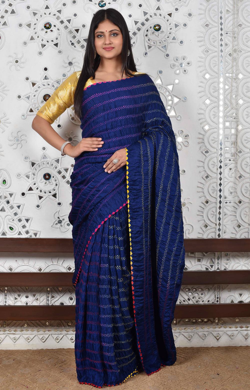 Navy Blue Bandhani Gaji Silk Saree