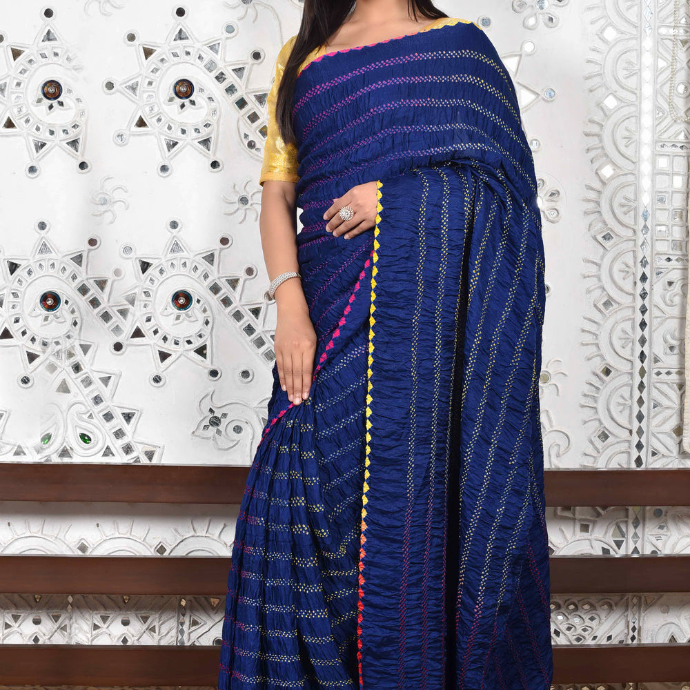 Navy Blue Bandhani Gaji Silk Saree