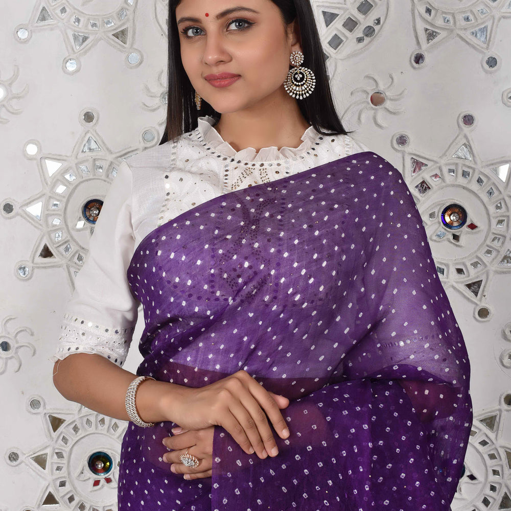 
                      
                        Bandhani on Organza with Pattern on Pallu - Purple
                      
                    