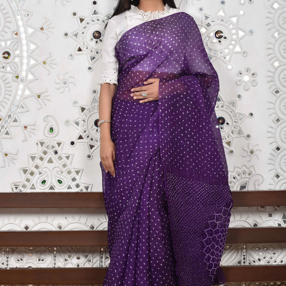 
                      
                        Bandhani on Organza with Pattern on Pallu - Purple
                      
                    