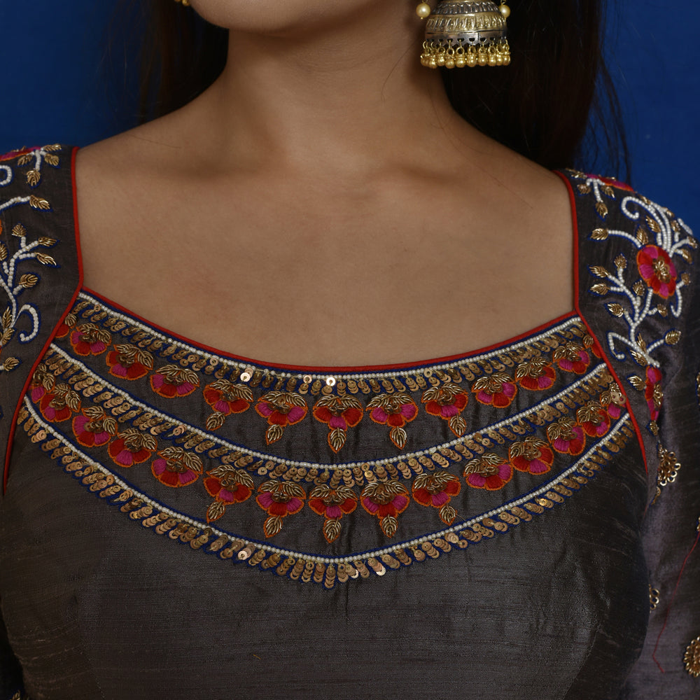 
                      
                        Grey Raw Silk Embroidered Blouse
                      
                    