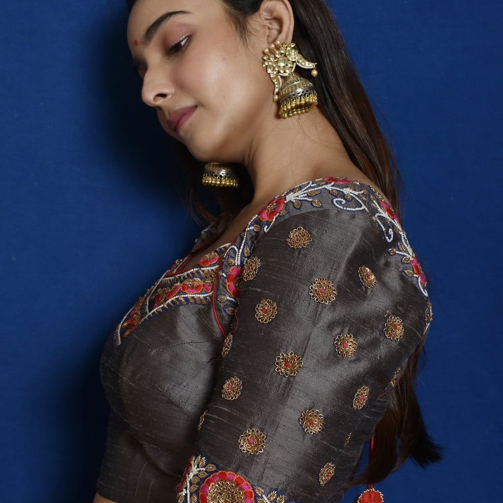 
                      
                        Grey Raw Silk Embroidered Blouse
                      
                    