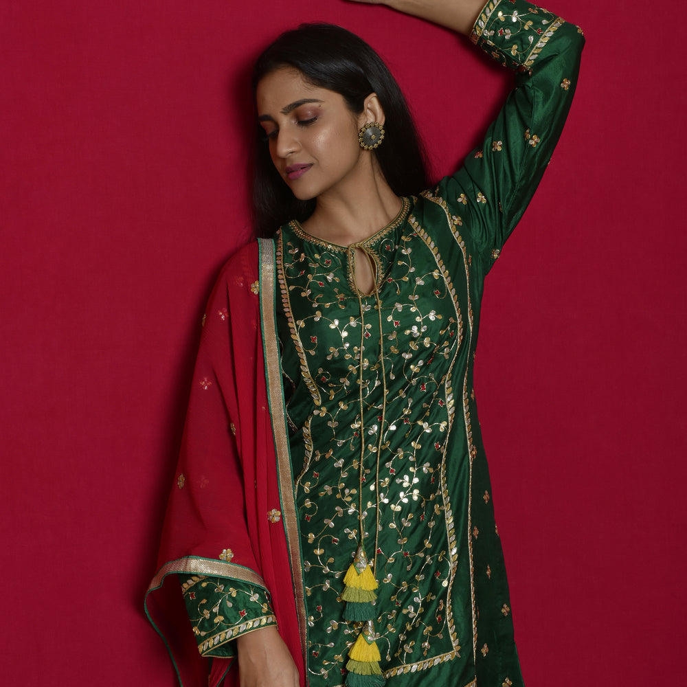 Gota Patti Silk Suit Set in Green