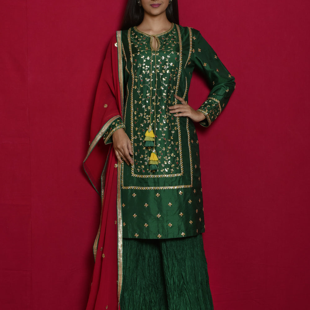 Gota Patti Silk Suit Set in Green