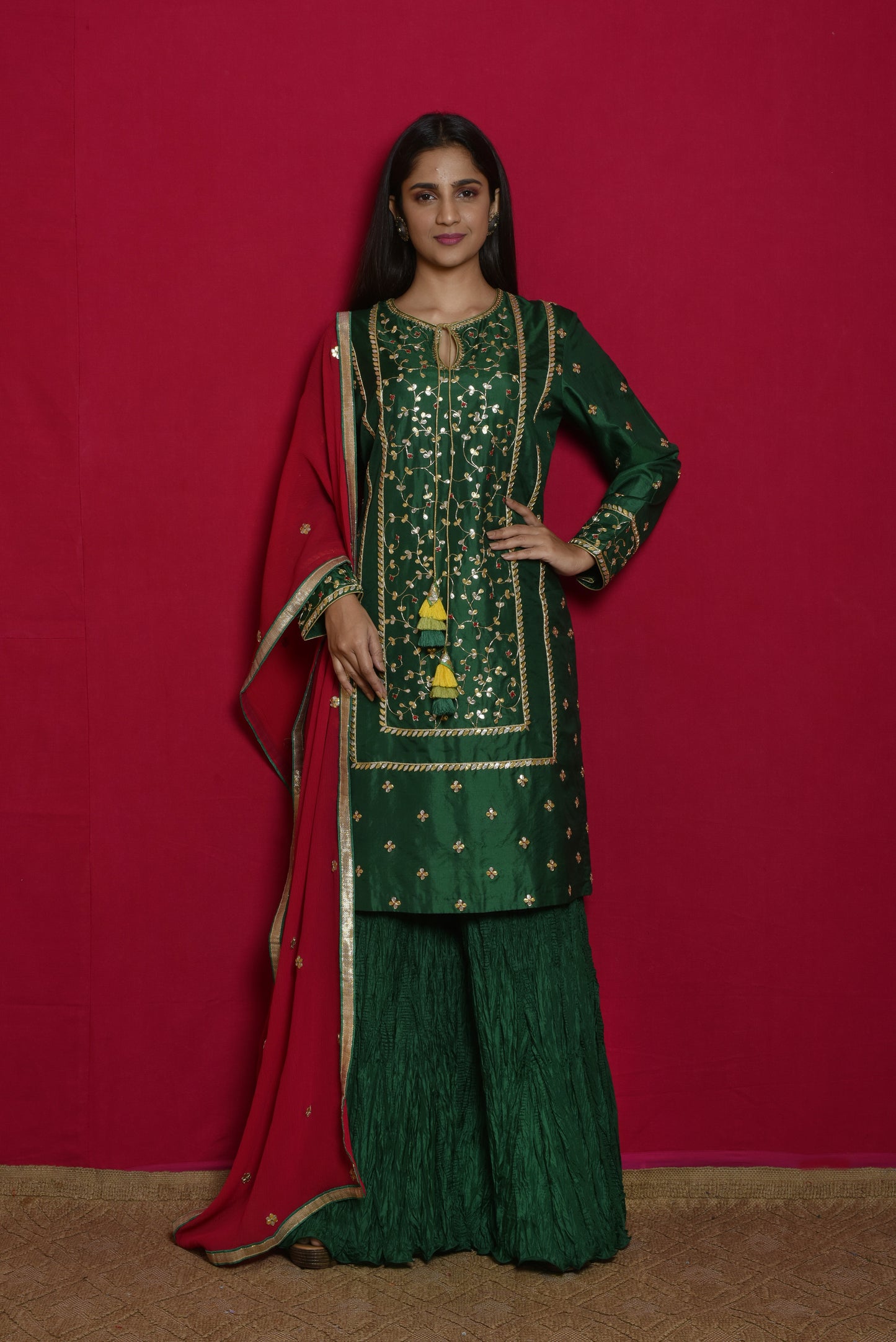 Gota Patti Silk Suit Set in Green