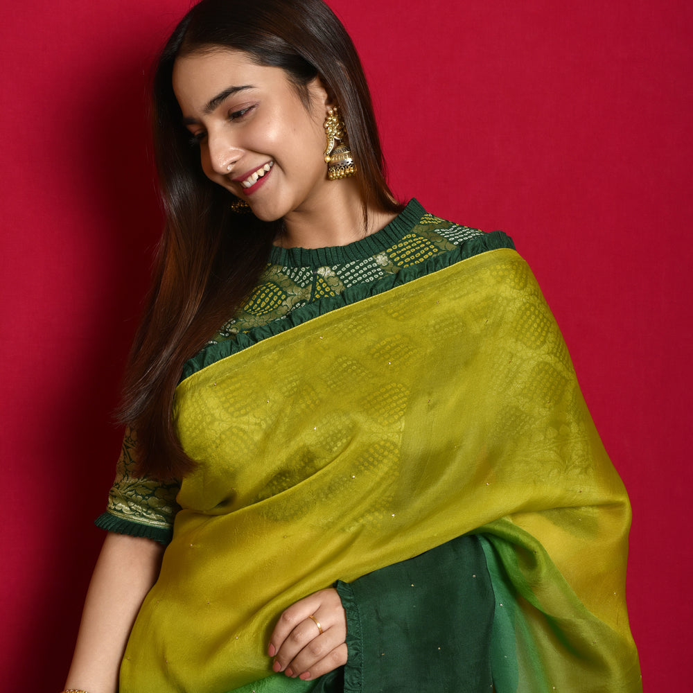 Shaded Organza Saree with Bandhani Blouse - Green