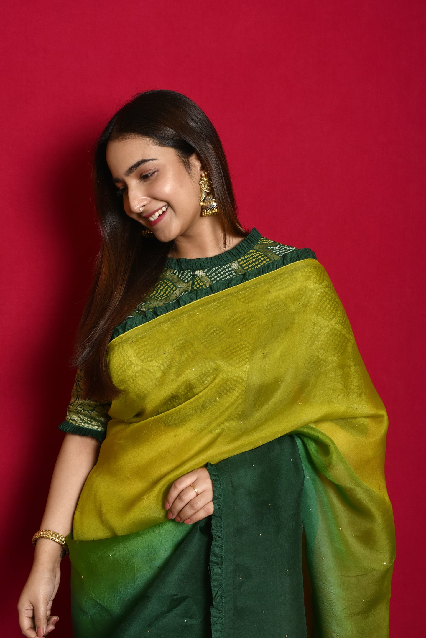 Shaded Organza Saree with Bandhani Blouse - Green