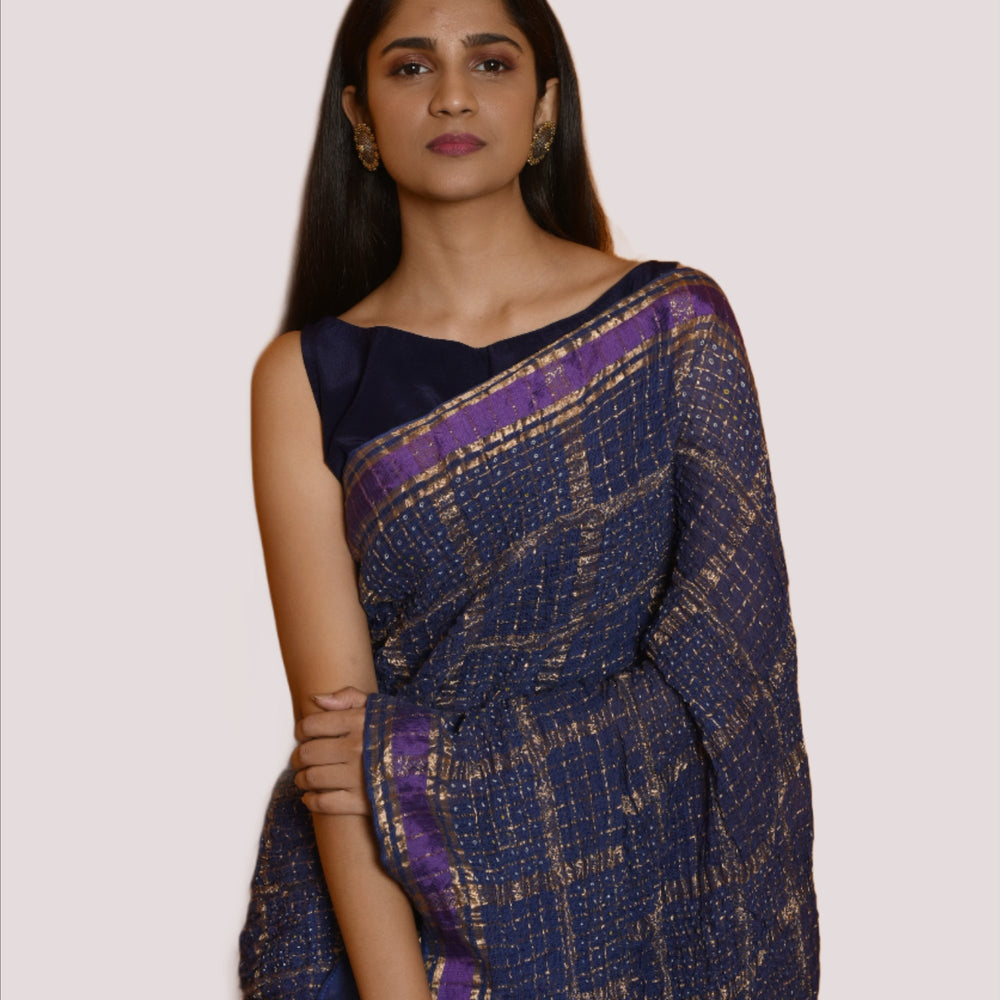 Gharchola Inspired Pure Zari Kota Saree with Bandhani - Blue