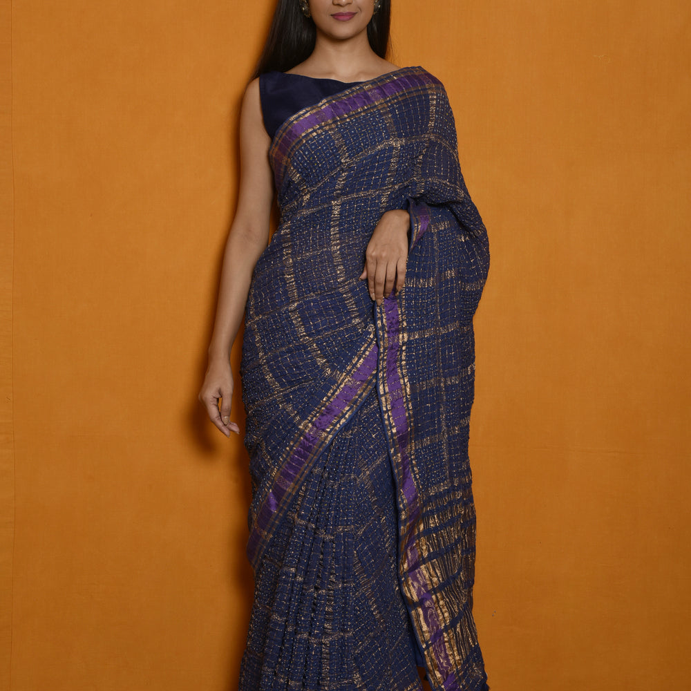 Gharchola Inspired Pure Zari Kota Saree with Bandhani - Blue