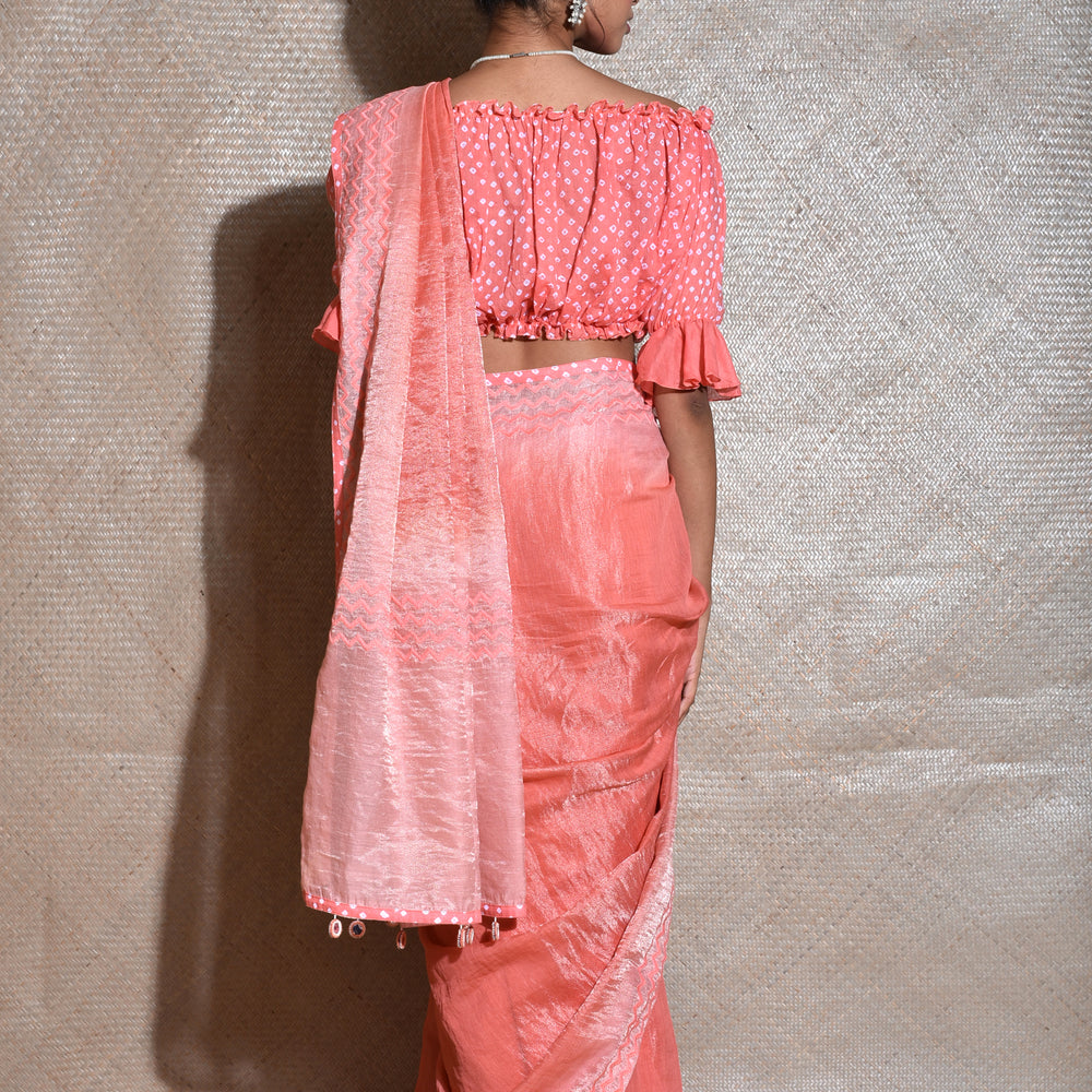 
                      
                        Chanderi Tissue Saree With Cotton Bandhani Blouse-Peach.
                      
                    