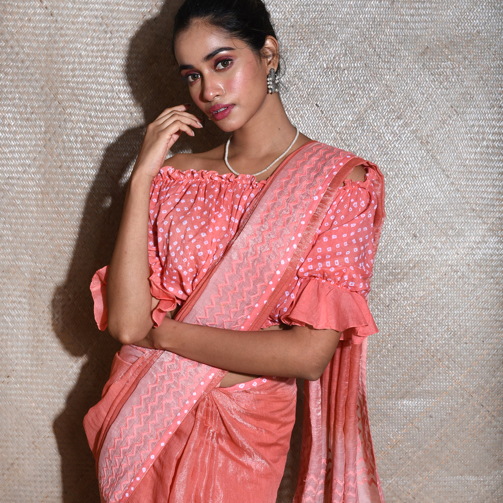 
                      
                        Saree With Cotton Bandhani Blouse-PeachChanderi Tissue Saree With Cotton Bandhani Blouse-Peach.
                      
                    