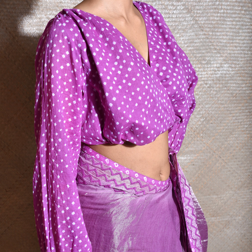 
                      
                        Chanderi Tissue Saree With Cotton Bandhani Blouse-Purple
                      
                    