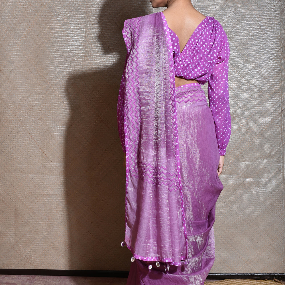 
                      
                        Chanderi Tissue Saree With Cotton Bandhani Blouse-Purple
                      
                    