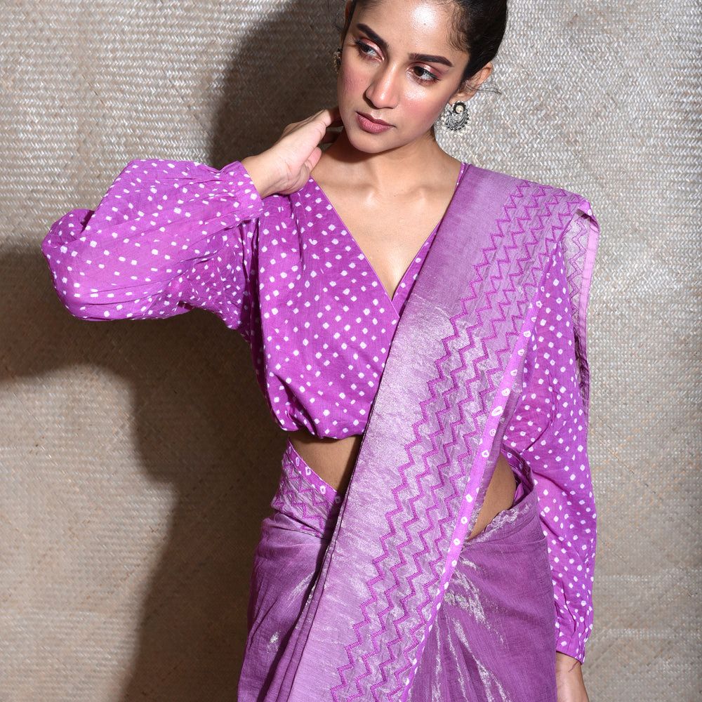 
                      
                        Chanderi Tissue Saree With Cotton Bandhani Blouse-Purple
                      
                    