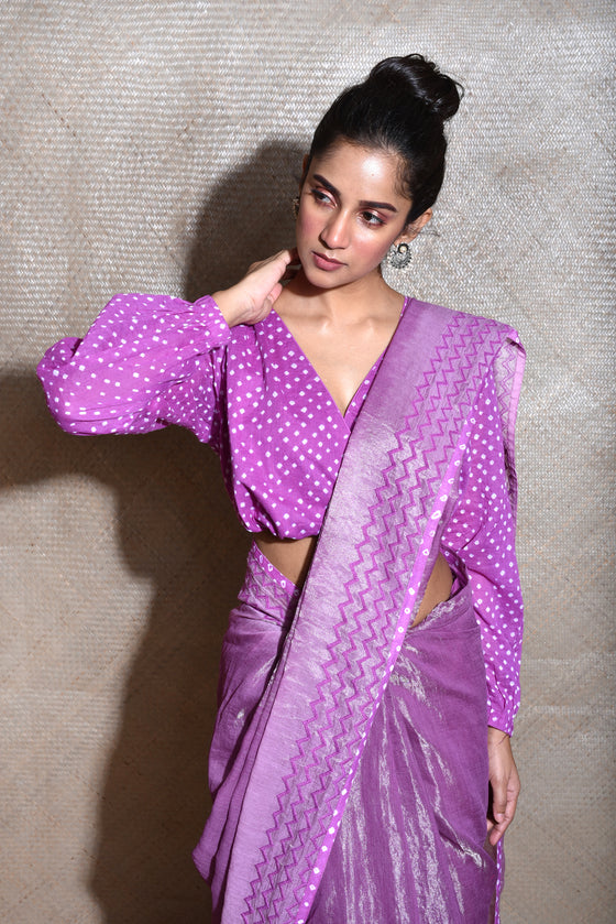 Chanderi Tissue Saree With Cotton Bandhani Blouse-Purple