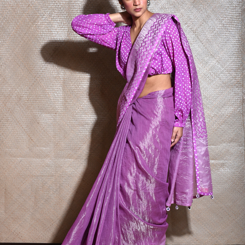 Chanderi Tissue Saree With Cotton Bandhani Blouse-Purple