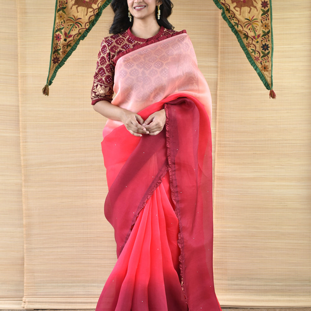 
                      
                        Shaded Organza Saree with Banarasi Bandhani Blouse - Peach to Maroon
                      
                    