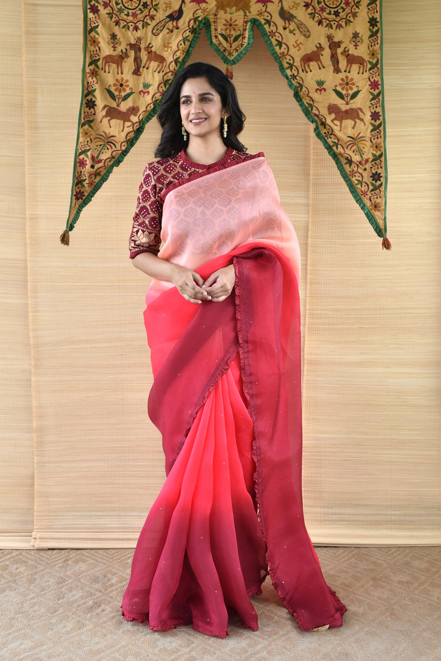 Shaded Organza Saree with Banarasi Bandhani Blouse - Peach to Maroon