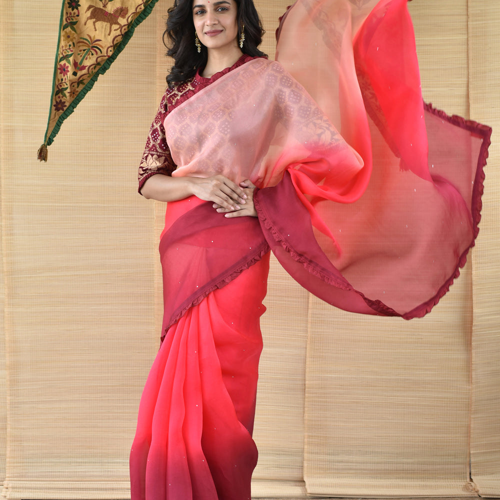 Shaded Organza Saree with Banarasi Bandhani Blouse - Peach to Maroon