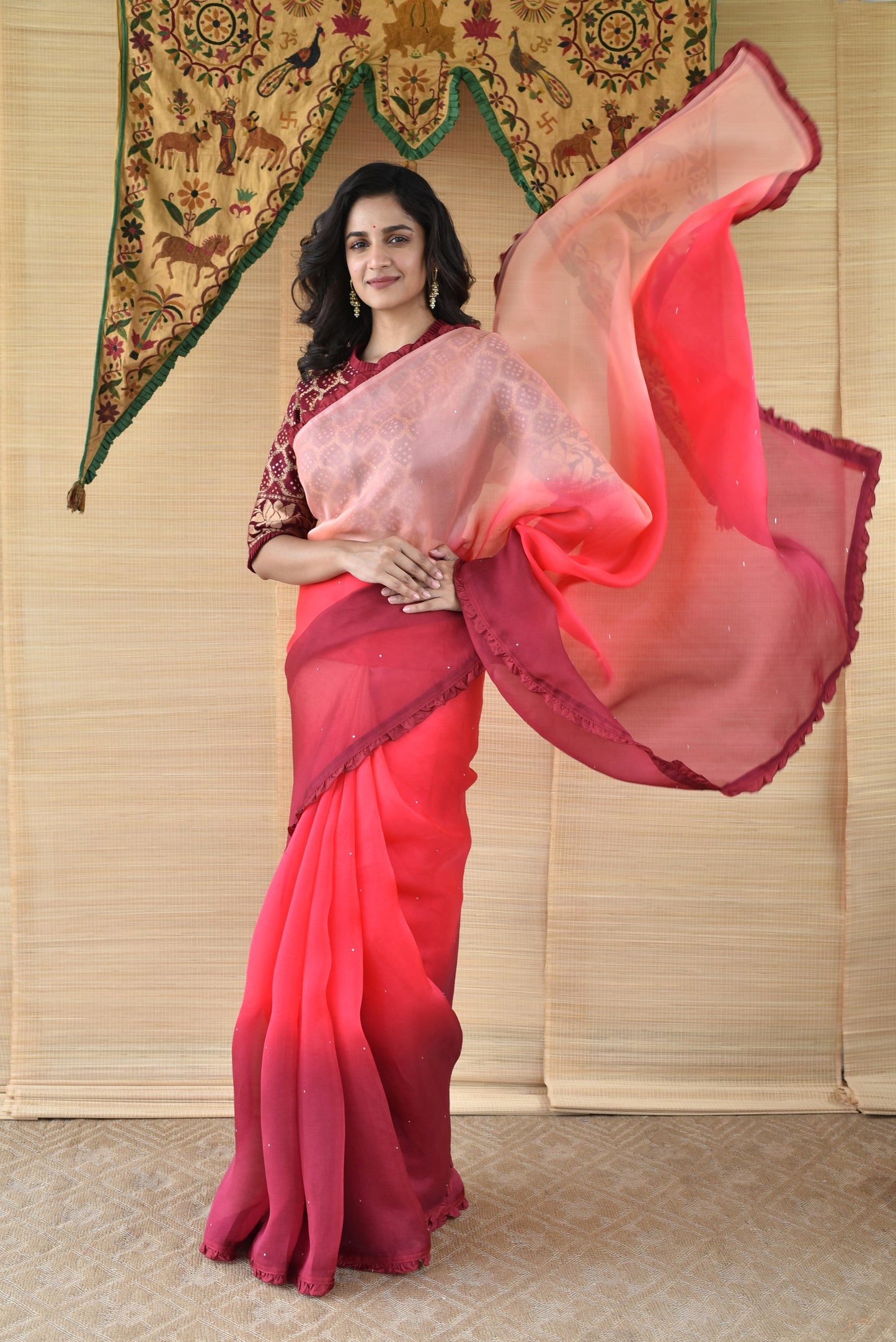 Shaded Organza Saree with Banarasi Bandhani Blouse - Peach to Maroon