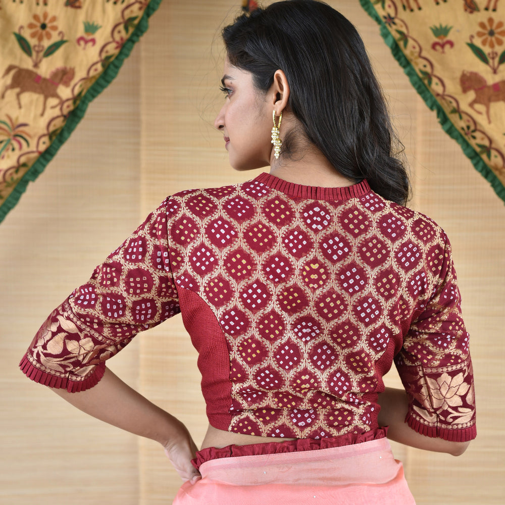 
                      
                        Shaded Organza Saree with Banarasi Bandhani Blouse - Peach to Maroon
                      
                    