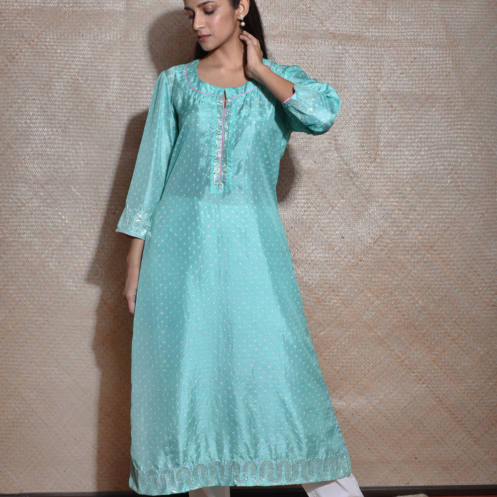 Sky Blue Bandhani on Silk Kurta with Mirror Work