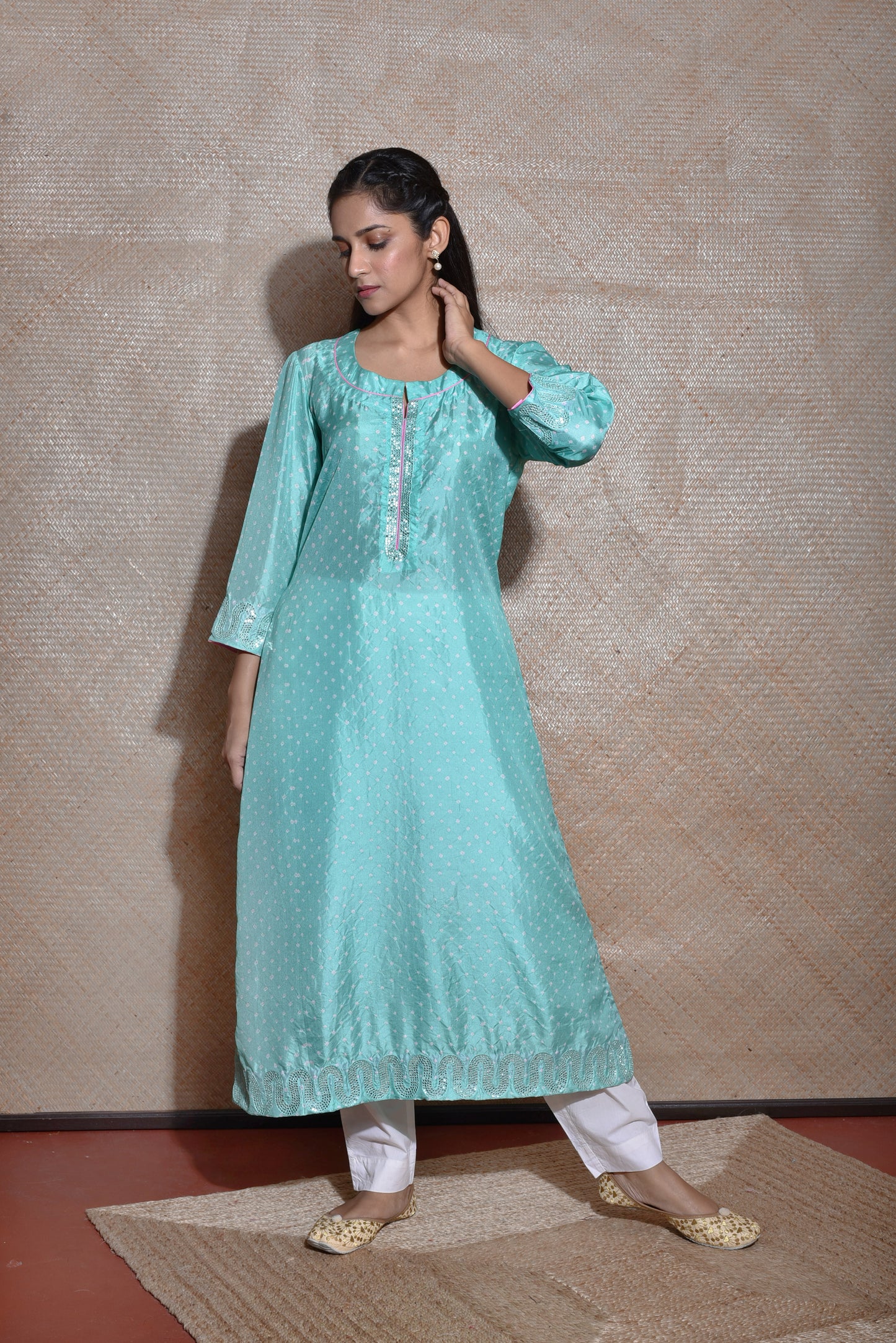 Sky Blue Bandhani on Silk Kurta with Mirror Work