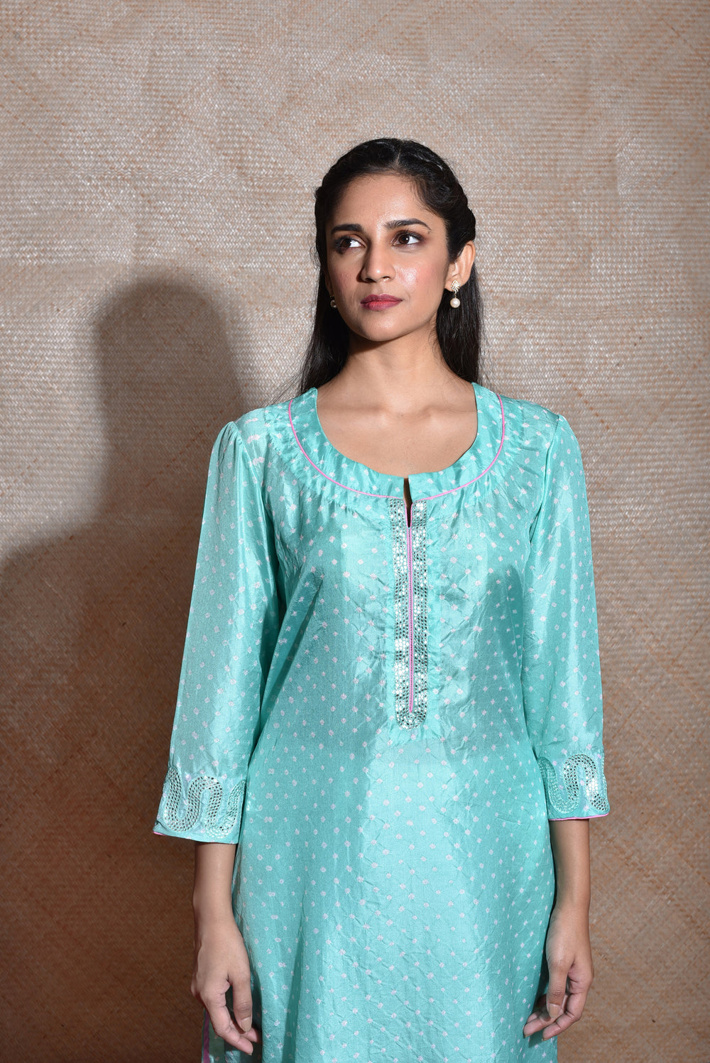 Sky Blue Bandhani on Silk Kurta with Mirror Work