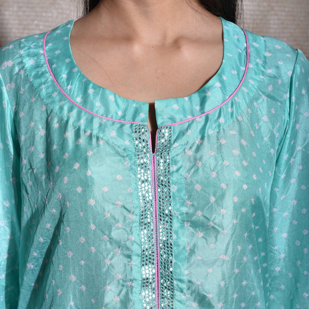 
                      
                        Sky Blue Bandhani on Silk Kurta with Mirror Work
                      
                    