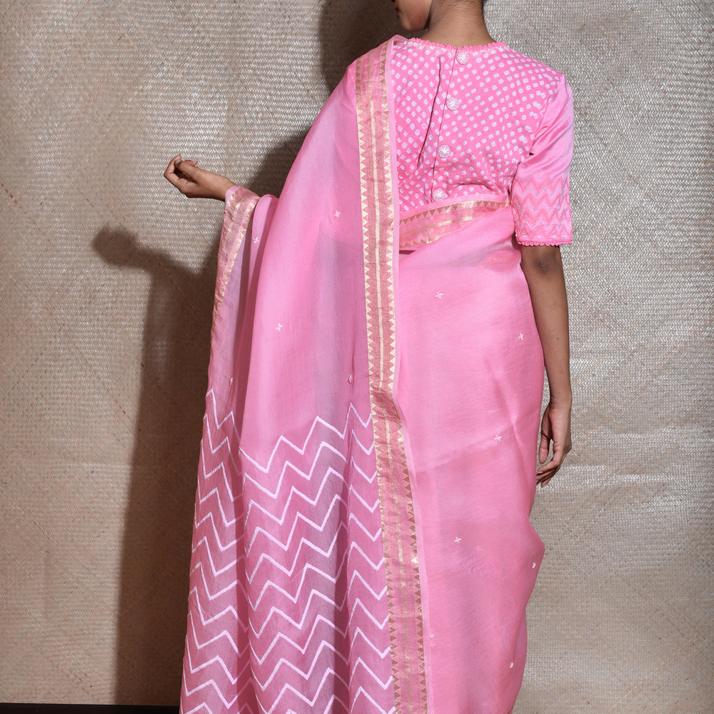 
                      
                        Soft Pink Organza Saree with Bandhej Blouse
                      
                    